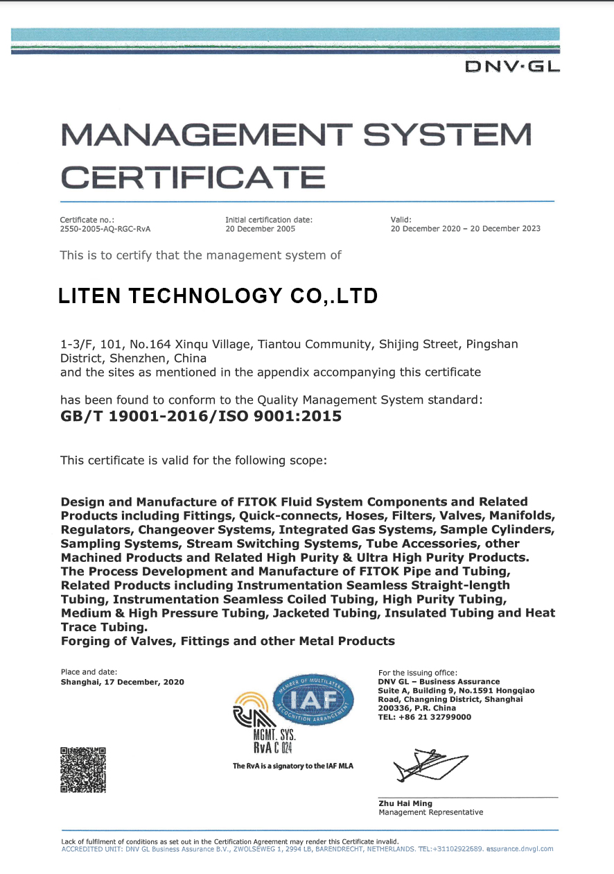 LITEN ISO 9001 quality management system certificate document