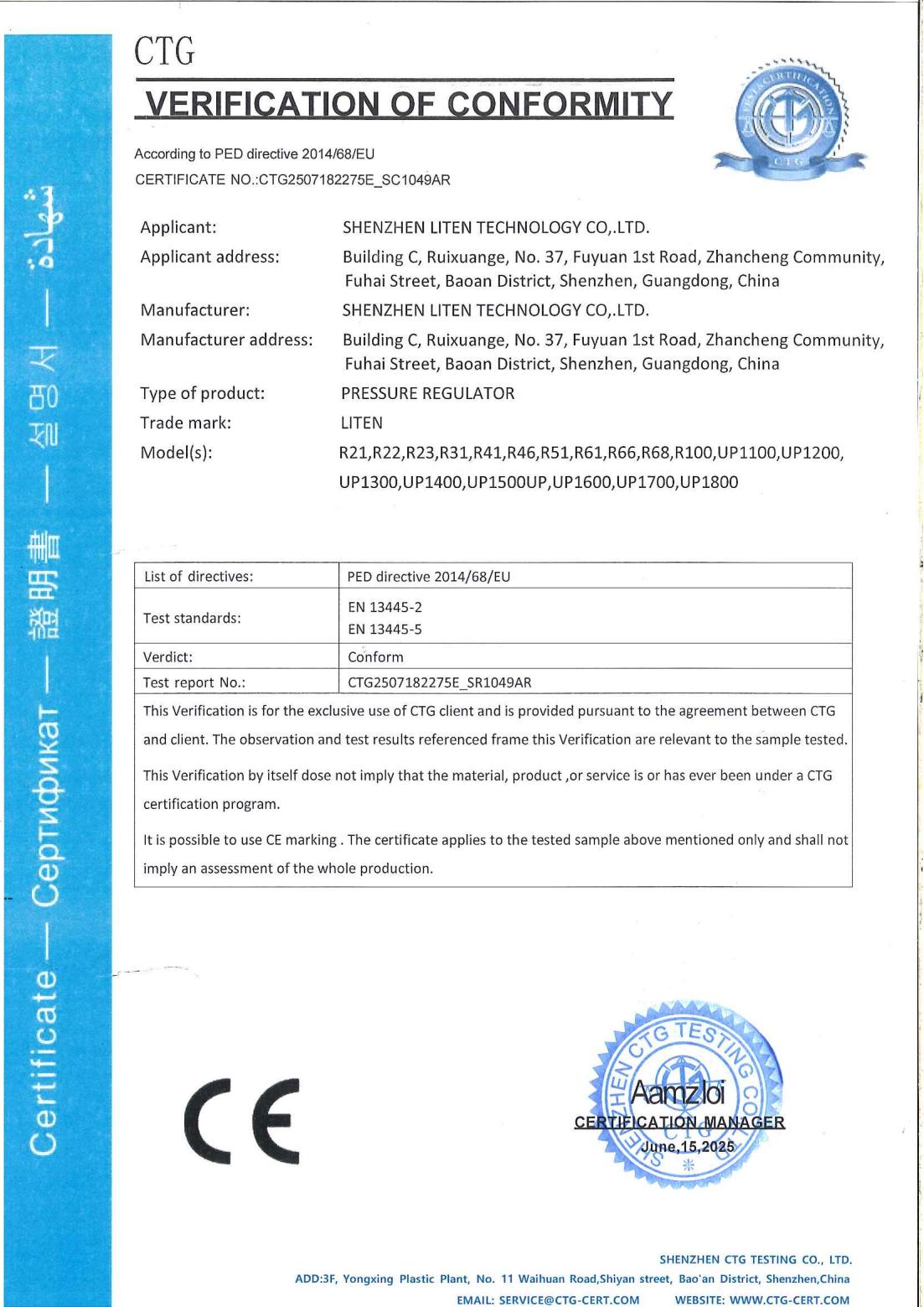 LITEN CE and PED verification of conformity document for listed pressure regulator models