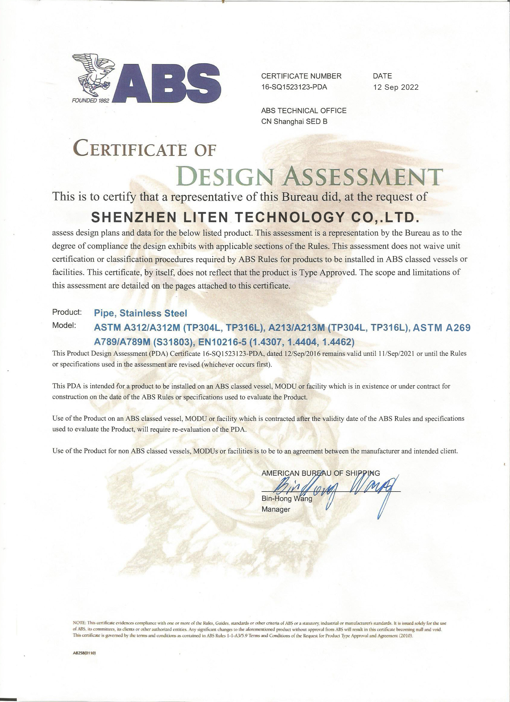 ABS design assessment certificate document for the listed stainless steel pipe scope